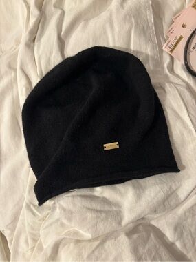 Black Knit Beanie with Gold Logo Plaque